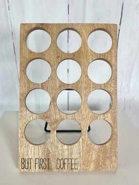 Mud Pie Mango Wood Coffee Pod Holder "But First Coffee" Display Stand